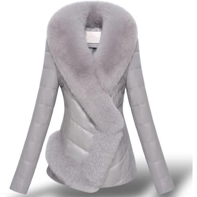 Winterleren jas Dames Dikke Warme Katoenen Jas met Bontkraag Korte Mode en Slim Fit PU Leren Jas M gray