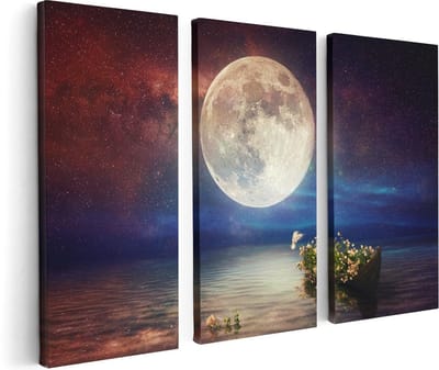 Artaza Canvas Schilderij Drieluik Volle Maan in de Hemel boven het Water - 120x80 - Foto Op Canvas - Canvas Print