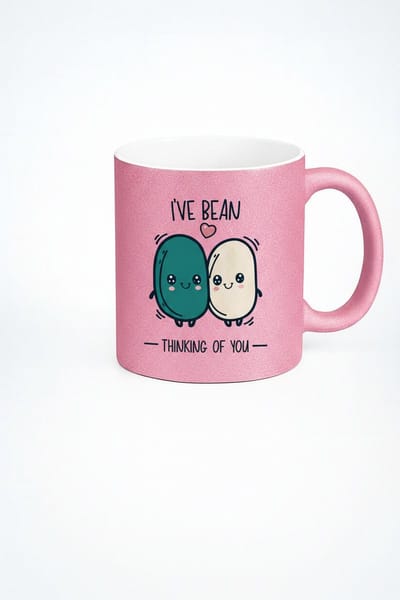 Roze Glitter Mok met Grappige Bonen "I've Bean Thinking Of You" - Liefdevol Cadeau