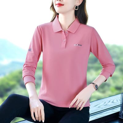 T-shirt met lange mouwen voor dames Dun model Moeder Herfst Ijszijde Top Middelbare leeftijd Dames Revers T-shirt Poloshirt 3XL pink
