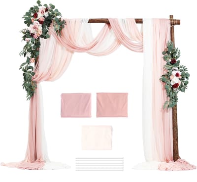Kunstmatige Huwelijksboog Bloemenset – 5-Pack, met Gordijnen – 2-Delig Bloemstuk, 3-Delig Doorschijnend Gordijn, voor Ceremonie, Boeketten, Receptie Achtergronddecoratie, Roze