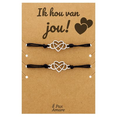 Vriendschapsarmbandjes voor 2 "Ik Hou van Jou" - Hartje in Oneindigheidsteken - Koppel Armbandjes met Lief Cadeau Kaartje - Zilverkleurig - Elastisch Verstelbaar - Pax Amare