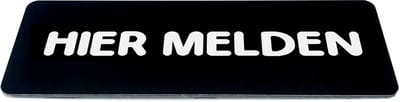 Deurbordje met Tekst hier melden - Zwart/wit met ronde letter - Formaat 150mm x 50mm x 1,6mm - zelfklevend