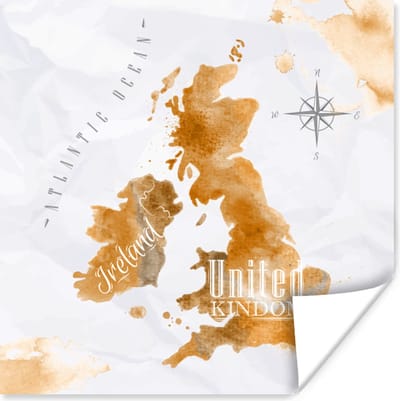 Poster 30x30 cm - Wereldkaart - Waterverf - Goud - Posters - Kamer decoratie - Wanddecoratie woonkamer - Muurdecoratie slaapkamer