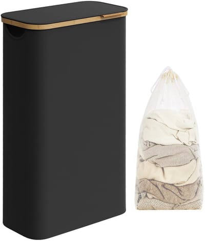Velmio Wasmand - Smalle Wasbox - Wasmand Met Deksel - Smalle Wasmand - 65L - Oxford Stof - Bamboo - 42x22x70cm - Incl Uitneembare Waszak - Zwart