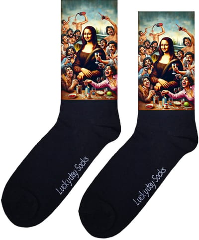 LuckyDay Socks - Kunstsokken Da Vinci - Kunstenaar sokken - Mona Lisa sokken - Kunst sokken - Grappige cadeau - Verjaardag cadeau - Vrolijke sokken - Schilderij sokken - Grappige sokken - Leuke dames en heren sokken - Beterschap - Opkikker - 37-44