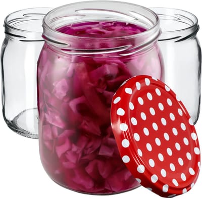 KADAX Jam potten 540 ml, inmaakpotten met schroefdeksel, glazen met schroefsluiting, inmaakpotten, voorraadpotten voor het inleggen van komkommers (8 stuks, rood gestippeld)