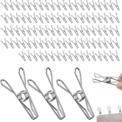 Wasknijpers Set - Metalen Klemmen - Kleding Drogen - Roestvrij Staal - 100 Stuks - Zilver