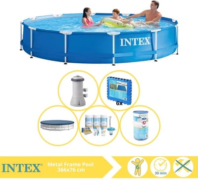 Intex Rond Frame Zwembad - 366 x 76 cm - Blauw - Inclusief Pomp - Afdekzeil - Onderhoudspakket - Filter - Vloertegels - 6-delig