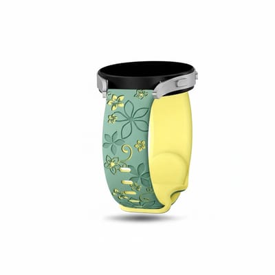 Groen geel silicone horloge band dames Geschikt voor serie samsung galaxy watch 7 / 6 / 5 / 5 pro / 4 / FE / ACTIVE / ACTIVE 2 20 mm horloge – bloemen patroon horlogeband – two tone floral engraved design