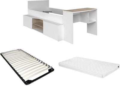 Vente-unique Combinatiebed hout natuurlijk licht, wit 90 x 190 cm, 90 x 200 cm