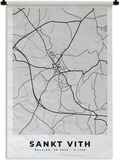 Wandkleed - Wanddoek - België – Sankt Vith – Stadskaart – Kaart – Zwart Wit – Plattegrond - 120x180 cm - Wandtapijt
