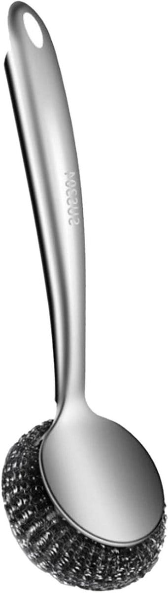Stalen schrobber - Roestvrijstaal pads - Keuken reinigen - Gebogen handgreep - 28 cm lang - Zilver