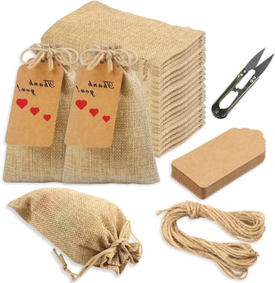 32 Jute Tassen met Trekkoord 10 x 15 cm - 32 Papieren Opbergtassen voor Scharen, 10 Meter Trekkoord - Herbruikbare Tassen voor Kerstdecoratie en Cadeaus