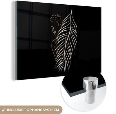 MuchoWow® Glasschilderij 120x80 cm - Schilderij acrylglas - Vrouw - Veer - Line art - Foto op glas - Schilderijen