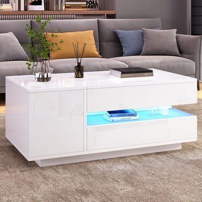 Pugsdrly Opklapbare salontafel 95*50*34,5 cm, salontafel, bijzettafel, salontafel met 1 lade, 1 kast, salontafel met LED-verlichting, glanzende salontafel met verborgen opbergruimte, met halfopen opbergruimte, wit