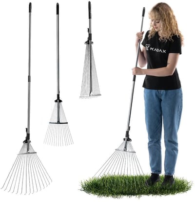 KADAX Hark voor bladeren en gras, verstelbare draadhark, hark met brede kop, grashark van metaal, bladhark met lange steel, tuinhark, bladhark, hark (15 tanden)