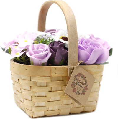Zeep Bloemen Boeket in Rieten Mand - Lila - Large - 19x12x16cm