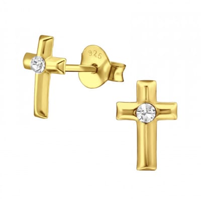 WeLoveSilver - oorstekers - zilver - gold plated kruis met kristal