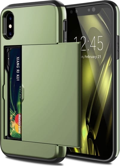 ShieldCase Kaarthouder case met slide geschikt voor Apple iPhone X / Xs hoesje - Hardcover hoesje met ruimte voor pasjes - Extra sterke bescherming - Kwalitatieve backcover - groen