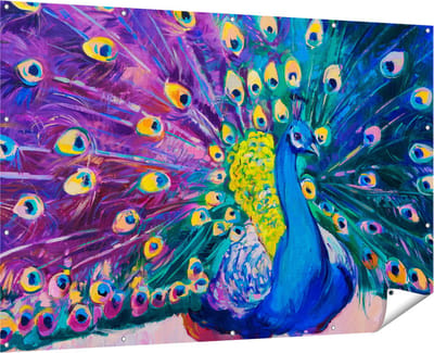 Gards Tuinposter Pauw met Kleurrijke Veren van Olieverf - Abstract - 180x120 cm - Tuindoek - Tuindecoratie - Wanddecoratie buiten - Tuinschilderij
