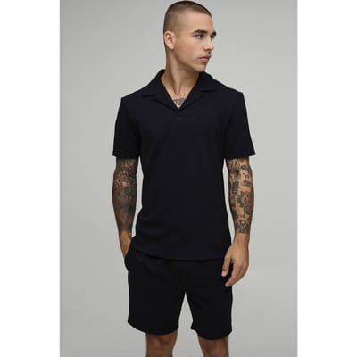 Short Sleeve Jersey Herringbone Polo Shirt & Short Set | Black | Size Small