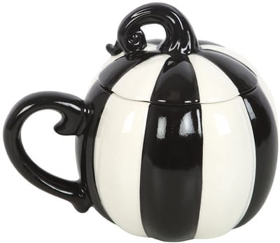 Pompoen Mok met Deksel - Zwart-wit Gestreept - keramiek - (hxbxd) 13cm x 16cm x 12cm