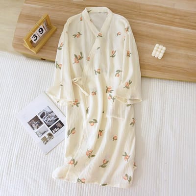 Robe de chambre Kimono Printemps et Automne Femme Coton Crêpe Pur Fine Robe de Bain d'Été Vêtement d'Intérieur Pyjama Robe de Bain M beige