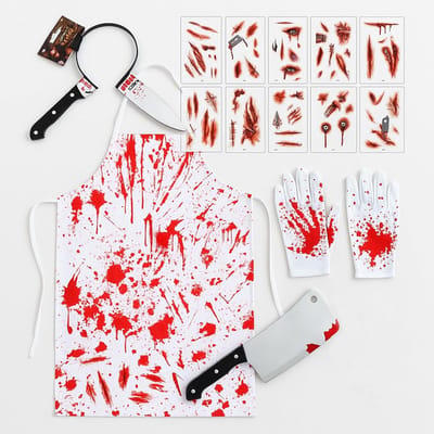 Halloween Kostuum Set 5 in 1 met Bloedige Schort, Nepmes, Tatoeages, Handschoenen en Scary Chef Outfit voor Feest, Cosplay en Carnaval