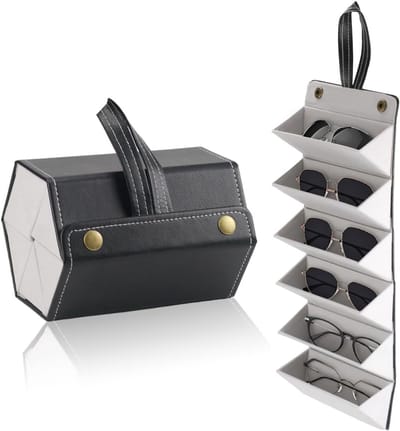 Opvouwbare Brillendoos met 6 Vakken - Zwarte Reisorganizer voor Zonnebrillen en Optische Brillen