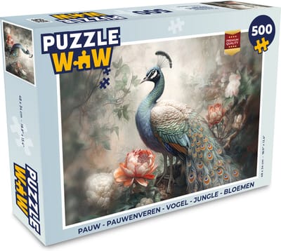 Puzzel Pauw - Pauwenveren - Vogel - Jungle - Bloemen - Legpuzzel - Puzzel 500 stukjes