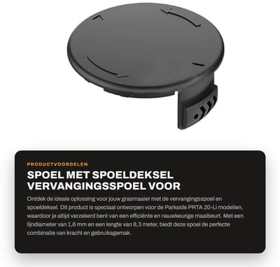 Dailygoods- Spoel met Deksel - Geschikt voor Parkside PRTA 20-Li A1/B1/B2/C3 - Lijndiameter 1,6 mm - Lijnlengte 8,3 m - Spoelmaat 65 x 24 mm - Cover Grootte 80 x 35 mm - Grasmaaier Spoel