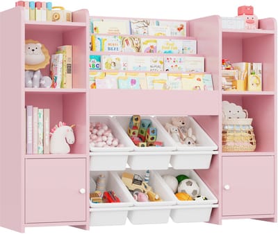 Jently opbergkast - speelgoedkast - speelgoedorganizer - 6 uitneembare dozen - 4 laags boekenplank - 119x29,5x94 cm - roze