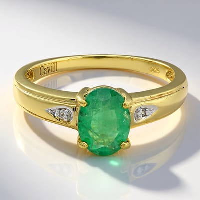 Cavill - Vergulde 925 Sterling Zilveren Ring met 1,07 Ct Ovale Bahia-Smaragd en 0,015 Ct Zirkonen - Elegante Damesring uit Brazilië - Maat 17