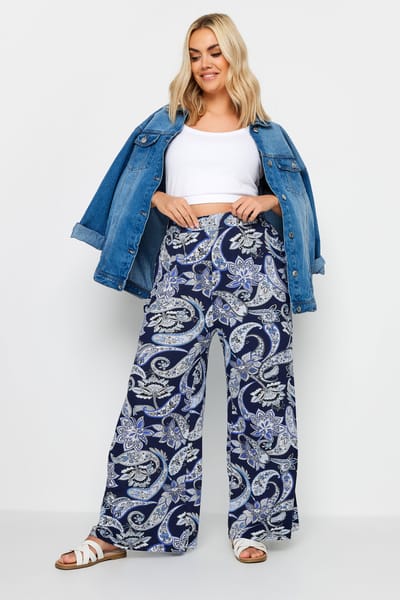 Yours Broek Met Wijde Pijpen En Paisley Print In Donkerblauw Size 42