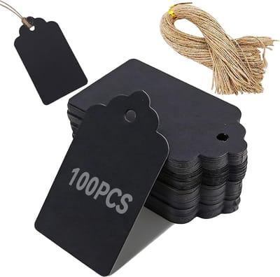 100 Cadeaulabels met Jute Koord, 4 × 7 cm, Labels om Op te Hangen voor Cadeauverpakking, Bruiloft, Feest en DIY Knutselen (Zwart)
