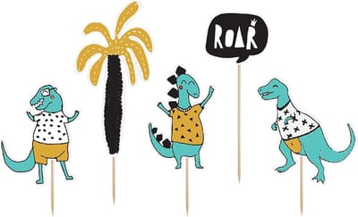 PARTYDECO - 5 kartonnen blauwe dinosaurus cake toppers - Decoratie > Taartdecoratie