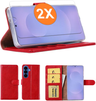 Hoesje geschikt voor Samsung Galaxy S26 Plus 5G hoesje Rood pasjeshouder telefoon hoes - Met screenprotector tempered glass voor Galaxy S26 Plus 5G - 2x