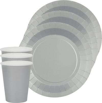 Santex feest/verjaardag servies set - 10x gebaksbordjes en bekertjes - zilver - karton