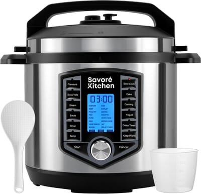 Savoré Kitchen Pressure Cooker 6L – Tot 6 Pers. – PFAS-vrij – 29 × 33,5 cm – Snelkookpan, Rijstkoker, Slowcooker, Stomer, Sous-vide & Multicooker