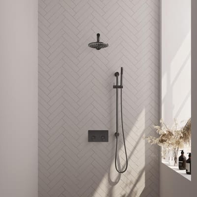 Brauer Gunmetal Carving Thermostatische Regendoucheset Inbouw - Hoofddouche 20 cm - Rechte Wandarm - Met Drukknoppen - Handdouche Staaf - Doucheslang - Geintegreerde Glijstang - Gunmetal