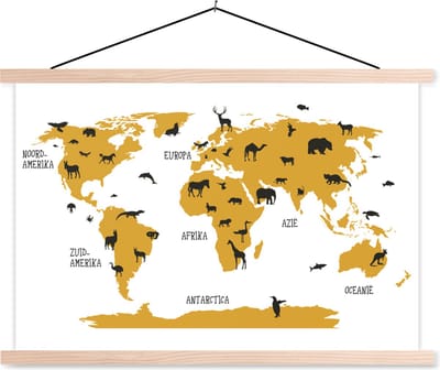 Wereldkaart kinderkamer dieren schoolplaat platte latten blank 150x100 cm - Foto print op textielposter (wanddecoratie woonkamer/slaapkamer)