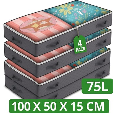MeubelsvanJoep 4 stuks grote opbergdozen 75 liter, opbergdoos met deksel, versterkte handgreep, kleding, opbergtas, kledingdoos, verhuisdozen voor kleding, jurken, beddengoed, grijs