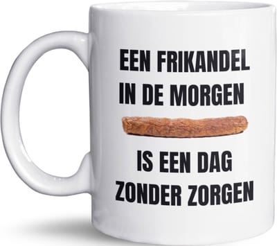 NietMokken.nl - Grappige Mok "Een Frikandel in de Morgen" - 325 ml Beker/Tas - Aan Beide Zijden Bedrukt - Vaatwasser- en Magnetronbestendig - Leuk als Cadeau voor Snackliefhebbers - Humor Mok voor Koffie of Thee - Premium Kwaliteit