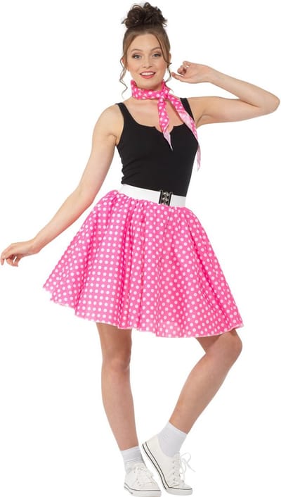 Karnival Costumes 50's Polkadot Rok & Sjaaltje Carnavalskleding Dames Carnaval - Polyester - Maat L - Donkerroze - 2-Delig Rok/Nek Accessoire