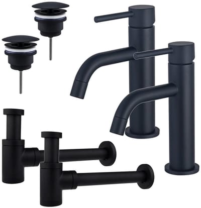 FugaFlow Eccelente Sobrado Badkamer Slim Wastafelkraanset - voor dubbele wastafel - lage wastafelkraan - always open plug - verlaagde design sifon - Mat zwart