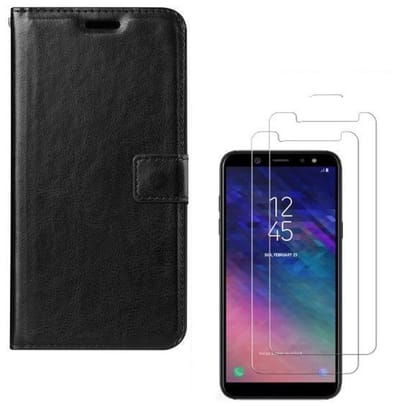 hoesje Geschikt voor: Samsung Galaxy A6 + Plus 2018 Portemonnee zwart met 2 stuks Glas Screen protector
