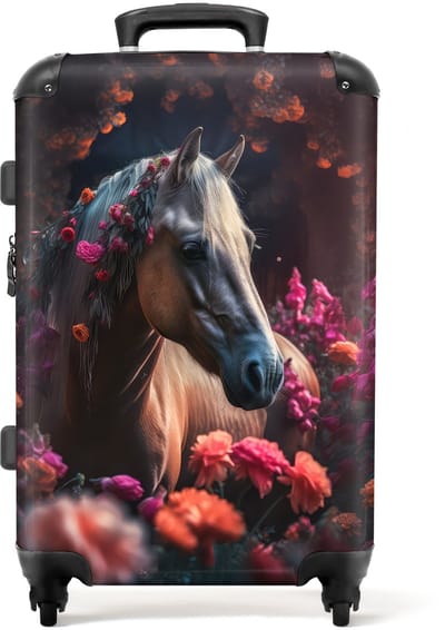 NoBoringSuitcases.com - Grote koffer - Paard - Bloemen - Paars - Oranje - Dieren - Kinderkoffer meisjes - Reiskoffer met 4 wielen - Trolley op wieltjes - Rolkoffer groot kinderen - 72 liter - Ruimbagage valies 20kg