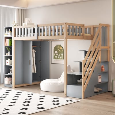 Hoogslaper - 90x200 cm - Kleerkast en Planken - met Veiligheidsladder - Hout - Grijs en Naturel