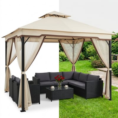Tuinpaviljoen - Paviljoen - Partytent - Gazebo - 3 x 3 m - Easy up - Waterdicht - met Zijwanden - Weerbestendig - Bruin